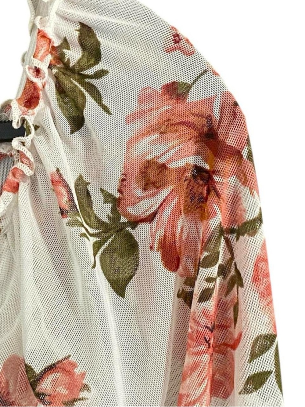 Floral Mesh Ruched Crop Top M Sheer Long Sleeve Y2K Coquette Fairycore Romantic - Picture 5 of 8